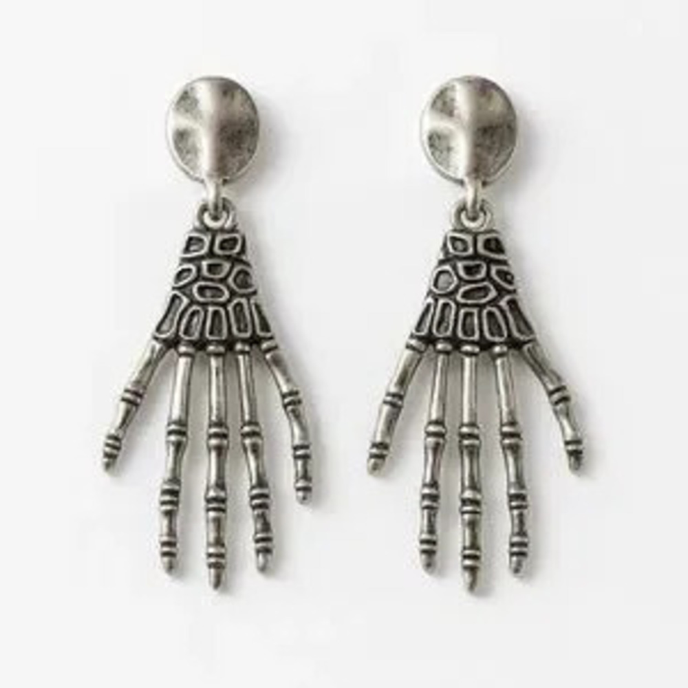 Silver Tone Skeleton Hand Earrings